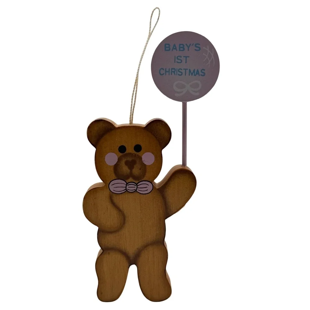 Vintage Style Wooden Teddy Bear Baby's 1st Christmas Ornament Pink Balloon Brown